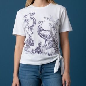 KAMISETA White Graphic Peacock Waist Tie Short Sleeve Baby Tee